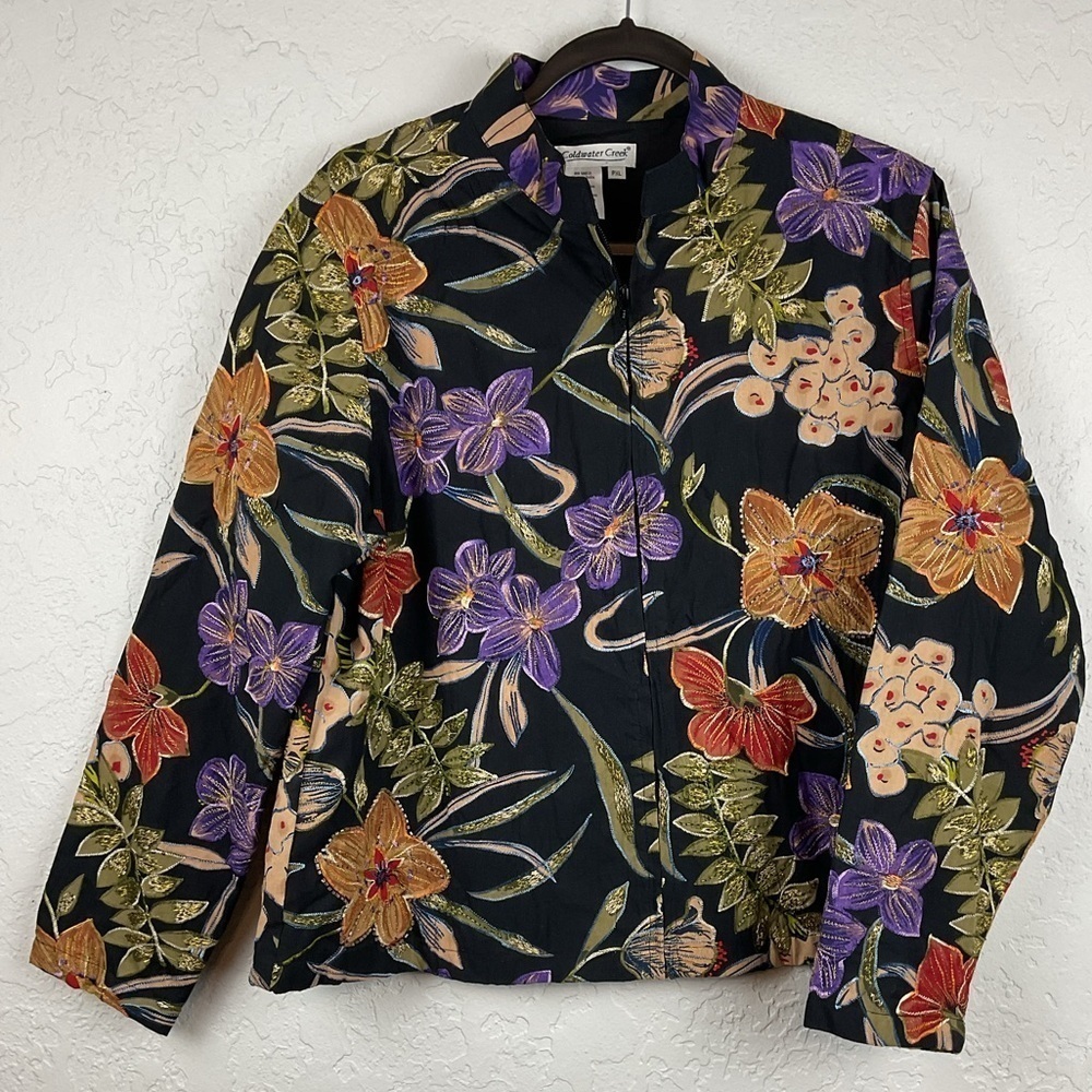 Women’s Coldwater Creek Beaded Floral Black Zip Up Jacket Sz Petite XL